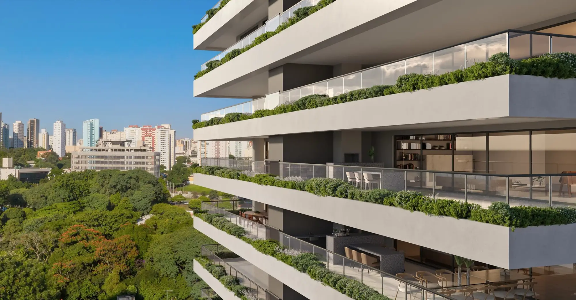 Terraços ajardinados do ESTHER Ibirapuera com vista para o Parque Ibirapuera. Perspectiva ilustrada