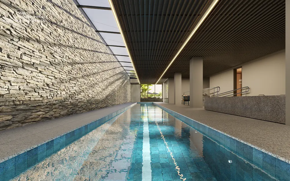 Piscina coberta com raia de 25 metros do ESTHER Ibirapuera. Perspectiva ilustrada